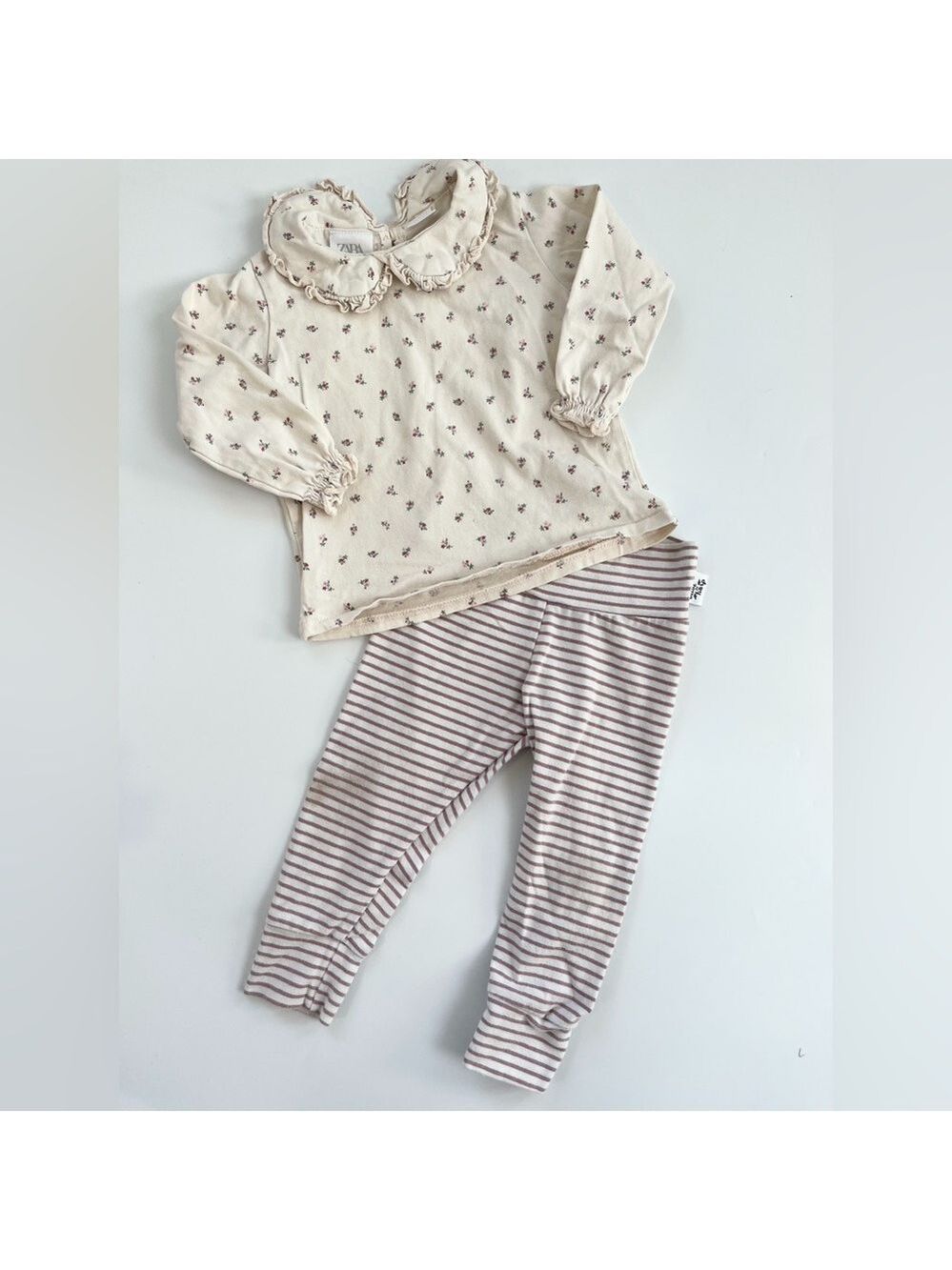 Zara Baby Girl Cream Floral Collared Shirt | Olive & Harp Pants Matching Set 6-9